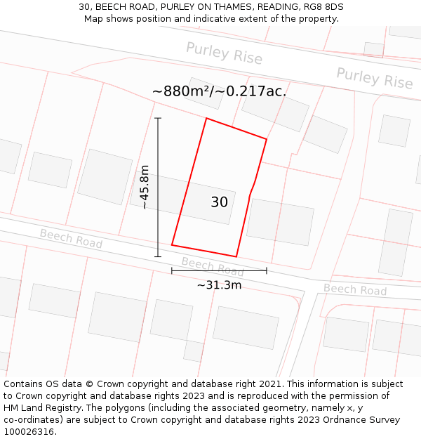 30, BEECH ROAD, PURLEY ON THAMES, READING, RG8 8DS: Plot and title map