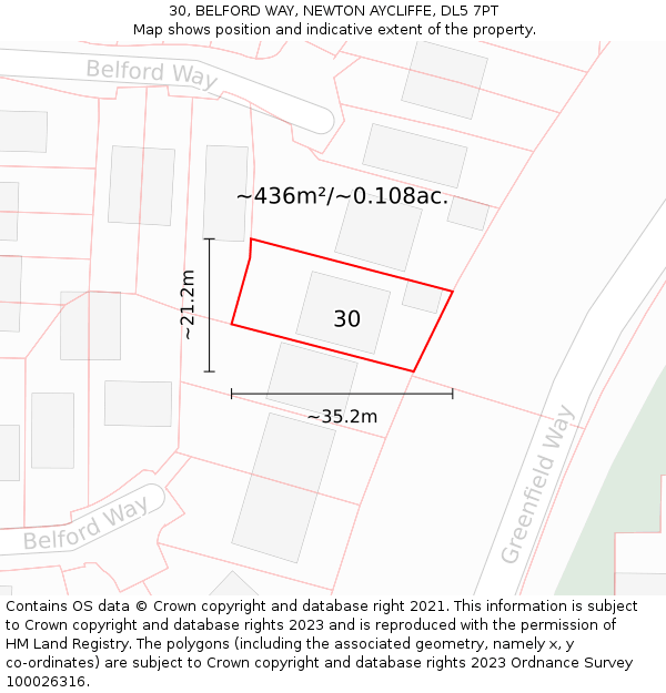 30, BELFORD WAY, NEWTON AYCLIFFE, DL5 7PT: Plot and title map