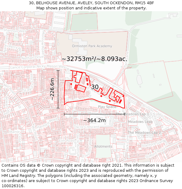 30, BELHOUSE AVENUE, AVELEY, SOUTH OCKENDON, RM15 4BF: Plot and title map