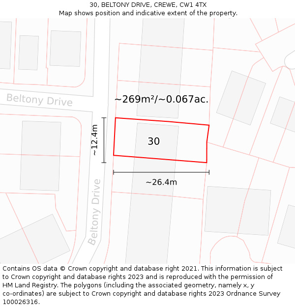 30, BELTONY DRIVE, CREWE, CW1 4TX: Plot and title map