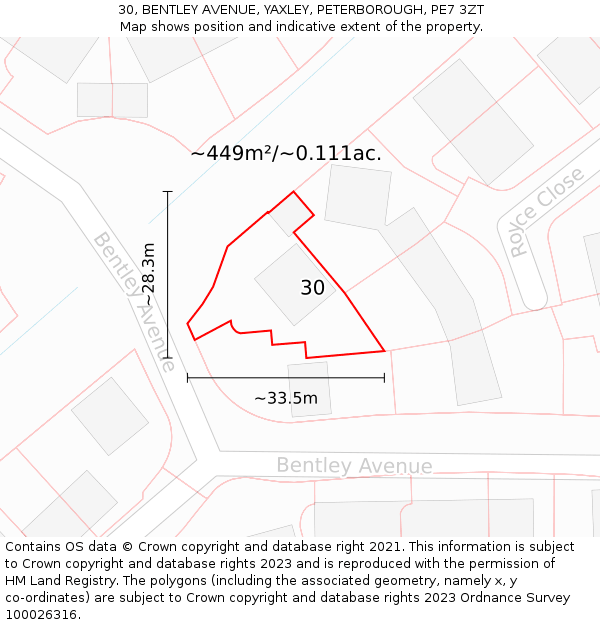 30, BENTLEY AVENUE, YAXLEY, PETERBOROUGH, PE7 3ZT: Plot and title map