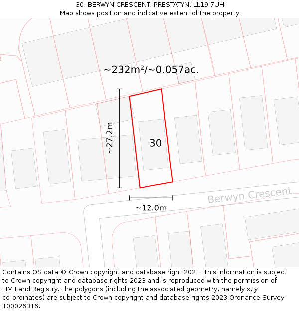 30, BERWYN CRESCENT, PRESTATYN, LL19 7UH: Plot and title map