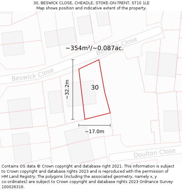 30, BESWICK CLOSE, CHEADLE, STOKE-ON-TRENT, ST10 1LE: Plot and title map