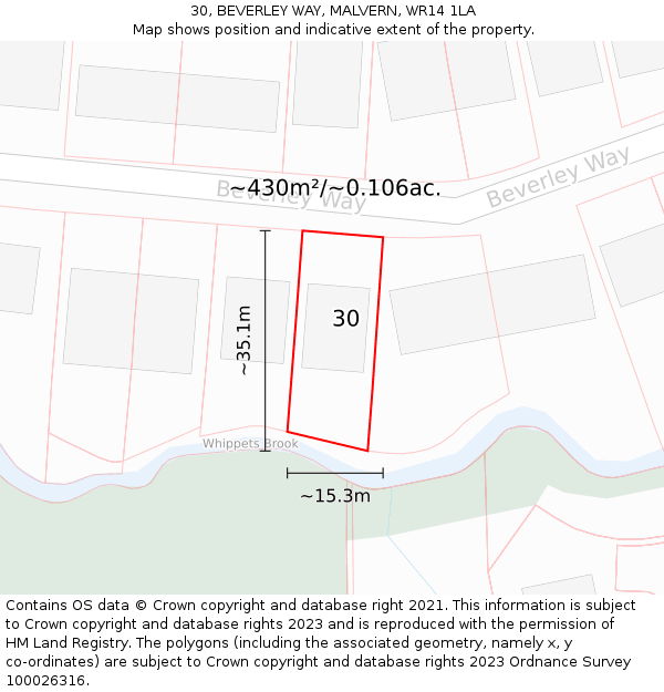 30, BEVERLEY WAY, MALVERN, WR14 1LA: Plot and title map