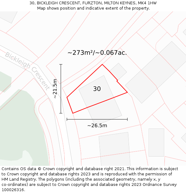 30, BICKLEIGH CRESCENT, FURZTON, MILTON KEYNES, MK4 1HW: Plot and title map