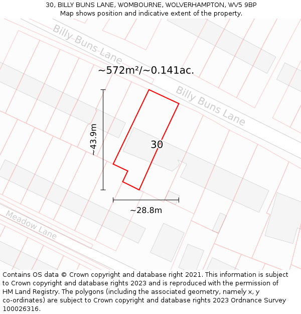 30, BILLY BUNS LANE, WOMBOURNE, WOLVERHAMPTON, WV5 9BP: Plot and title map