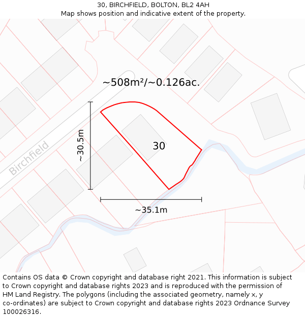 30, BIRCHFIELD, BOLTON, BL2 4AH: Plot and title map