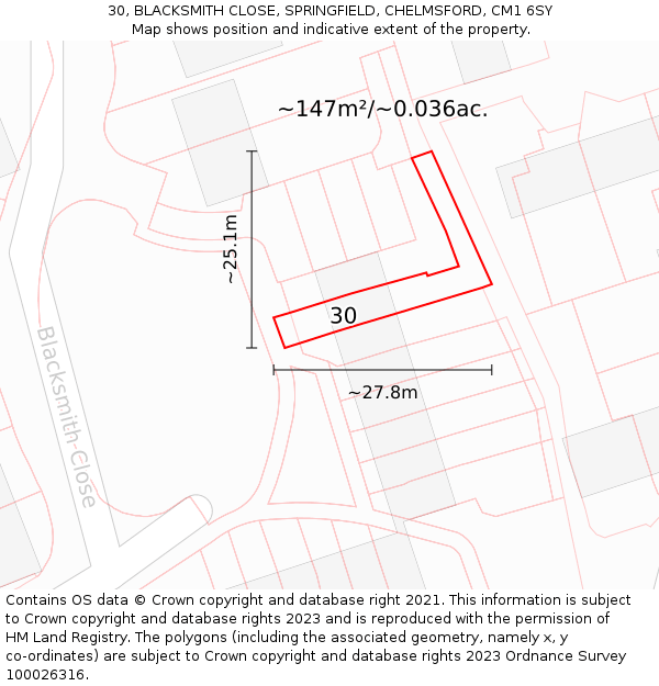 30, BLACKSMITH CLOSE, SPRINGFIELD, CHELMSFORD, CM1 6SY: Plot and title map