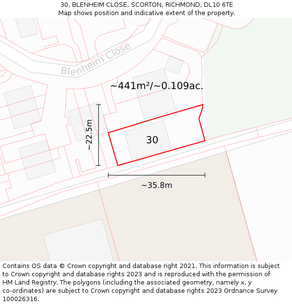 30, BLENHEIM CLOSE, SCORTON, RICHMOND, DL10 6TE: Plot and title map