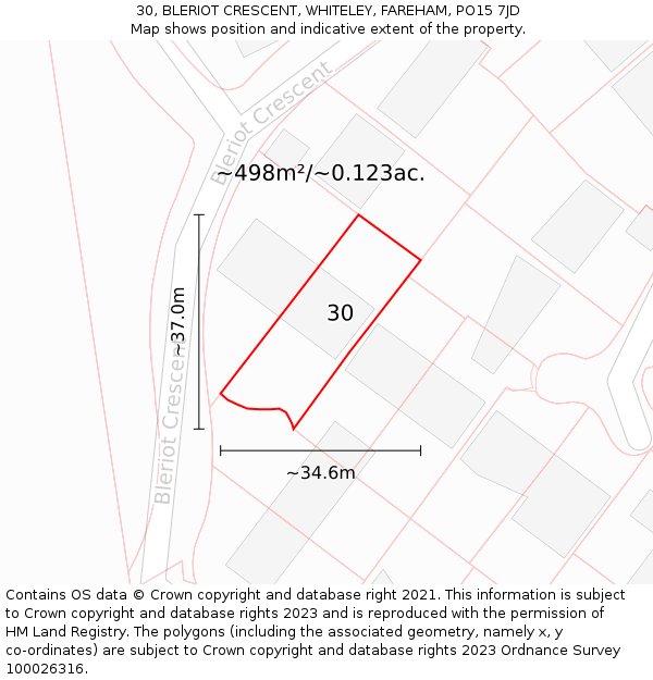 30, BLERIOT CRESCENT, WHITELEY, FAREHAM, PO15 7JD: Plot and title map