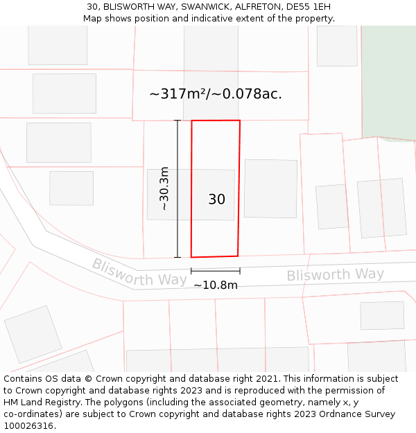 30, BLISWORTH WAY, SWANWICK, ALFRETON, DE55 1EH: Plot and title map