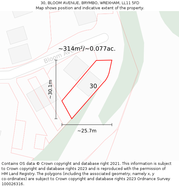 30, BLOOM AVENUE, BRYMBO, WREXHAM, LL11 5FD: Plot and title map