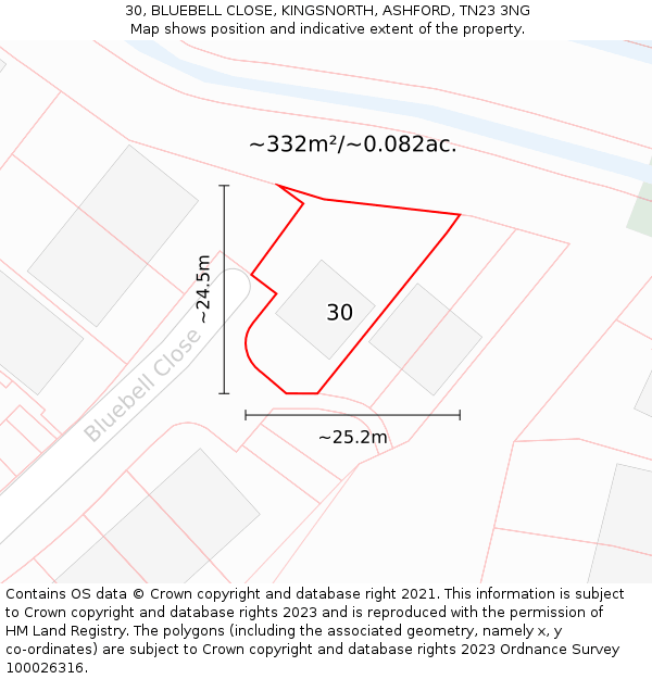 30, BLUEBELL CLOSE, KINGSNORTH, ASHFORD, TN23 3NG: Plot and title map