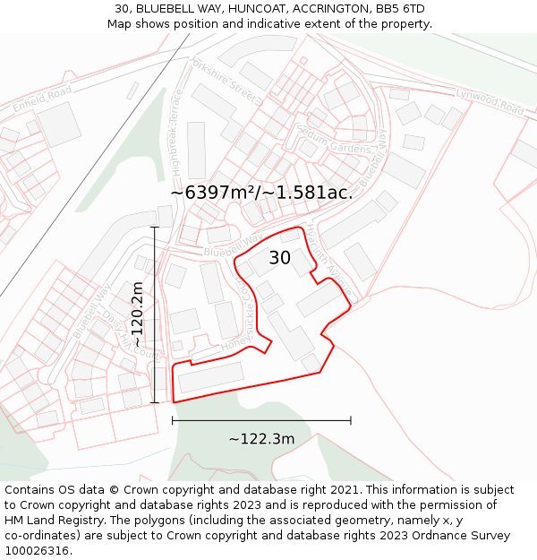 30, BLUEBELL WAY, HUNCOAT, ACCRINGTON, BB5 6TD: Plot and title map