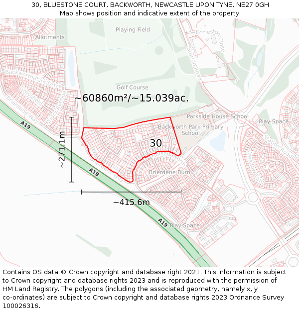 30, BLUESTONE COURT, BACKWORTH, NEWCASTLE UPON TYNE, NE27 0GH: Plot and title map