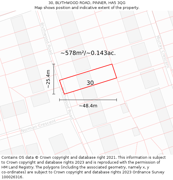 30, BLYTHWOOD ROAD, PINNER, HA5 3QG: Plot and title map