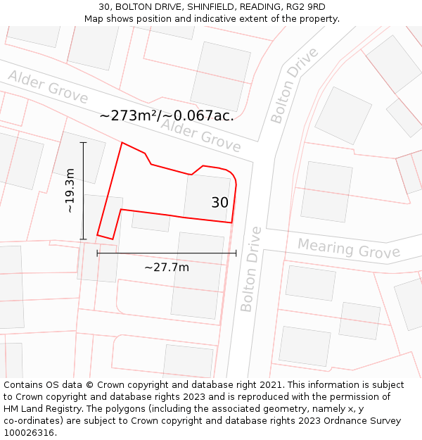 30, BOLTON DRIVE, SHINFIELD, READING, RG2 9RD: Plot and title map