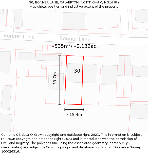 30, BONNER LANE, CALVERTON, NOTTINGHAM, NG14 6FY: Plot and title map