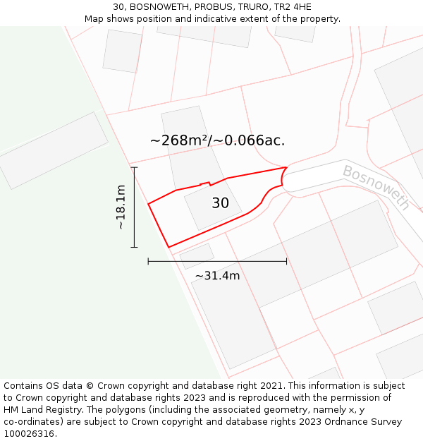 30, BOSNOWETH, PROBUS, TRURO, TR2 4HE: Plot and title map