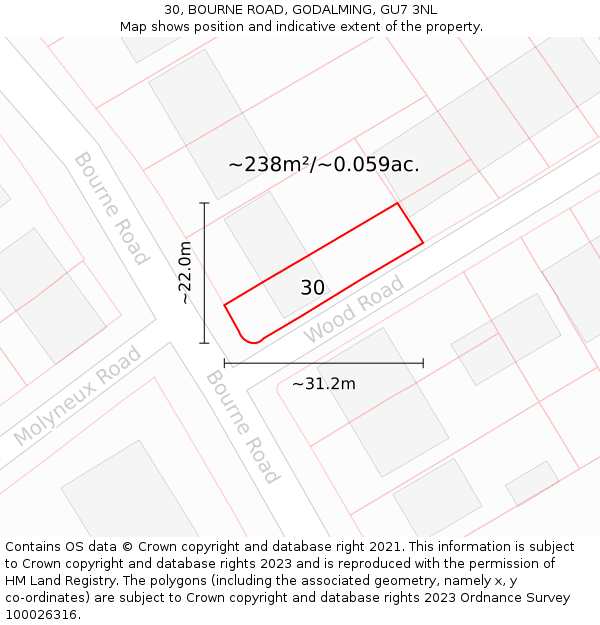 30, BOURNE ROAD, GODALMING, GU7 3NL: Plot and title map