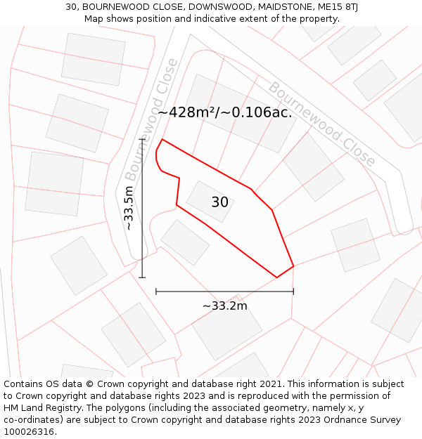 30, BOURNEWOOD CLOSE, DOWNSWOOD, MAIDSTONE, ME15 8TJ: Plot and title map