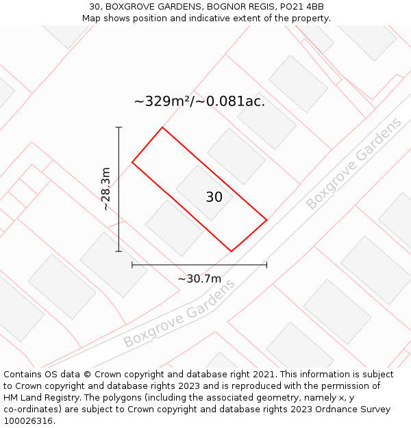 30, BOXGROVE GARDENS, BOGNOR REGIS, PO21 4BB: Plot and title map