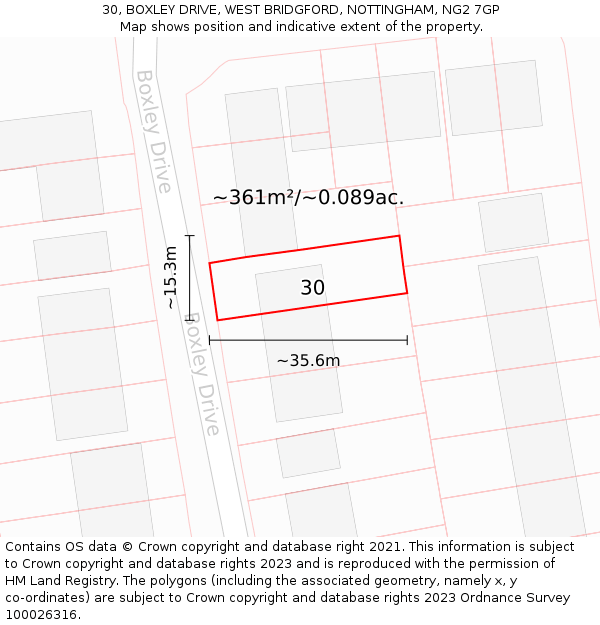 30, BOXLEY DRIVE, WEST BRIDGFORD, NOTTINGHAM, NG2 7GP: Plot and title map