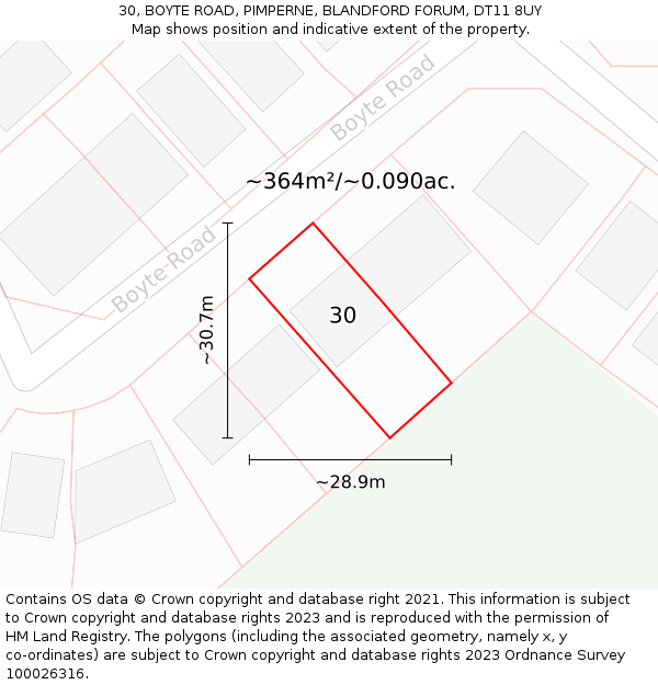 30, BOYTE ROAD, PIMPERNE, BLANDFORD FORUM, DT11 8UY: Plot and title map