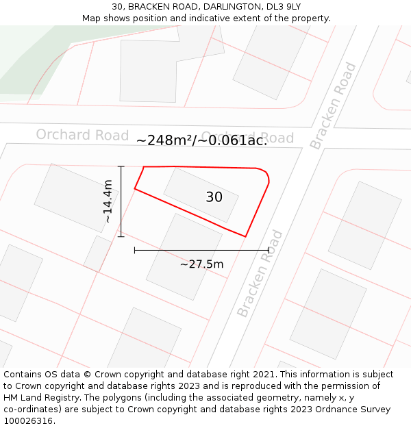 30, BRACKEN ROAD, DARLINGTON, DL3 9LY: Plot and title map