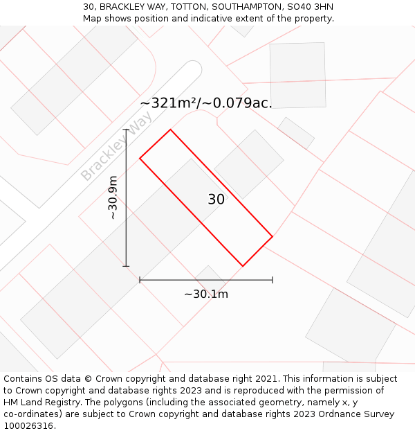 30, BRACKLEY WAY, TOTTON, SOUTHAMPTON, SO40 3HN: Plot and title map