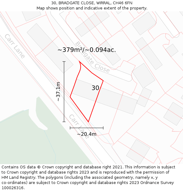 30, BRADGATE CLOSE, WIRRAL, CH46 6FN: Plot and title map