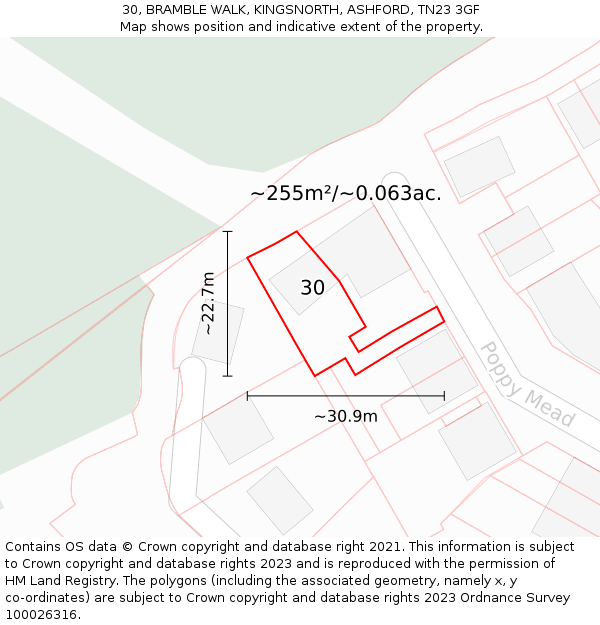 30, BRAMBLE WALK, KINGSNORTH, ASHFORD, TN23 3GF: Plot and title map