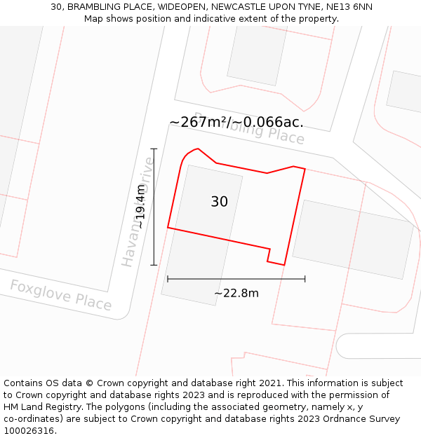 30, BRAMBLING PLACE, WIDEOPEN, NEWCASTLE UPON TYNE, NE13 6NN: Plot and title map