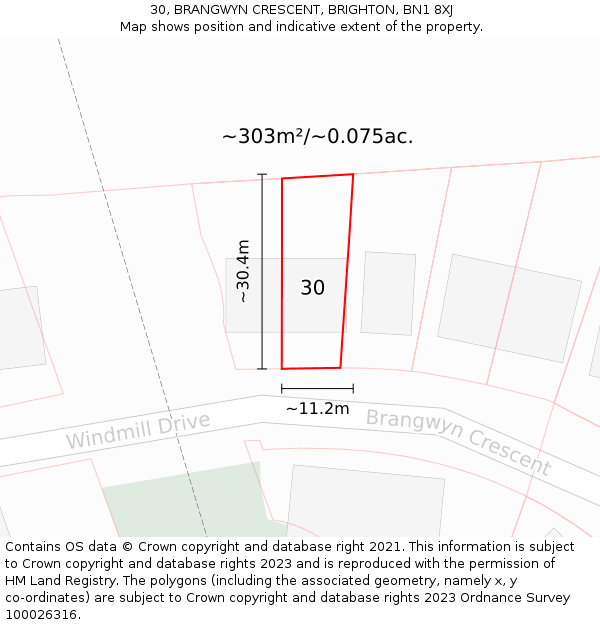 30, BRANGWYN CRESCENT, BRIGHTON, BN1 8XJ: Plot and title map