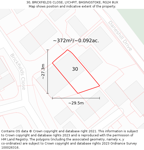 30, BRICKFIELDS CLOSE, LYCHPIT, BASINGSTOKE, RG24 8UX: Plot and title map