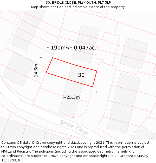 30, BRIDLE CLOSE, PLYMOUTH, PL7 5LF: Plot and title map