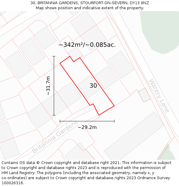 30, BRITANNIA GARDENS, STOURPORT-ON-SEVERN, DY13 9NZ: Plot and title map