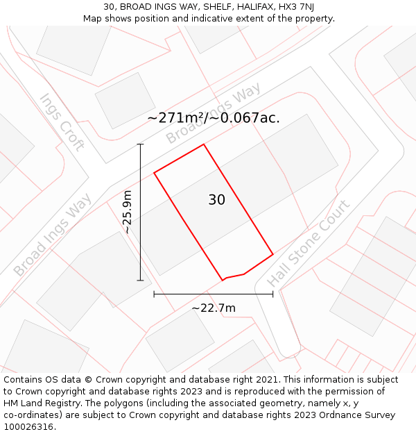 30, BROAD INGS WAY, SHELF, HALIFAX, HX3 7NJ: Plot and title map