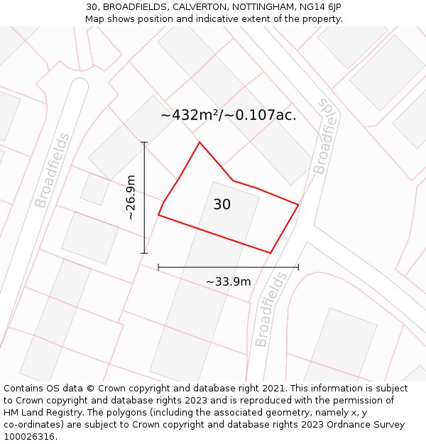 30, BROADFIELDS, CALVERTON, NOTTINGHAM, NG14 6JP: Plot and title map