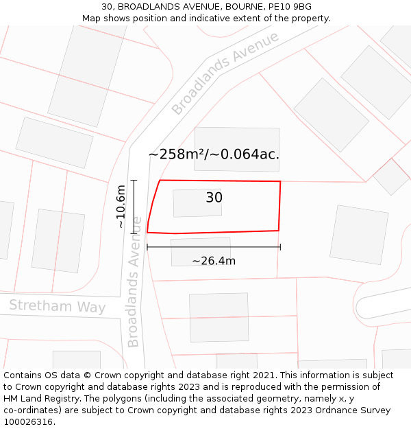 30, BROADLANDS AVENUE, BOURNE, PE10 9BG: Plot and title map