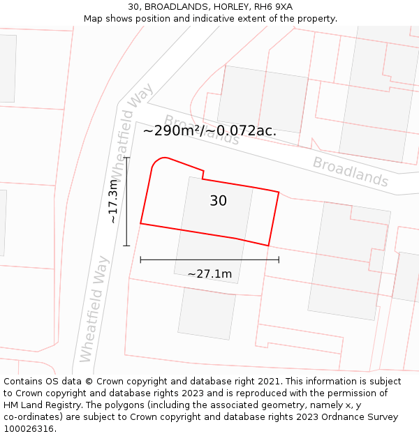 30, BROADLANDS, HORLEY, RH6 9XA: Plot and title map