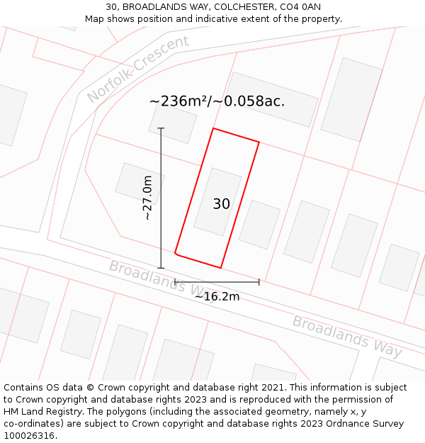 30, BROADLANDS WAY, COLCHESTER, CO4 0AN: Plot and title map