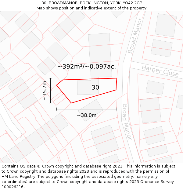 30, BROADMANOR, POCKLINGTON, YORK, YO42 2GB: Plot and title map