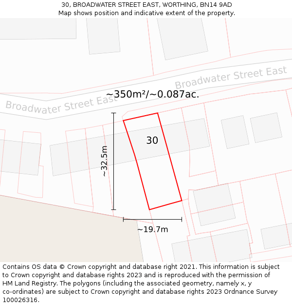30, BROADWATER STREET EAST, WORTHING, BN14 9AD: Plot and title map