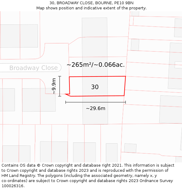 30, BROADWAY CLOSE, BOURNE, PE10 9BN: Plot and title map