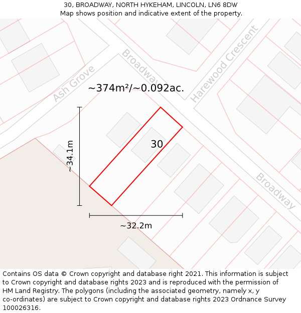 30, BROADWAY, NORTH HYKEHAM, LINCOLN, LN6 8DW: Plot and title map