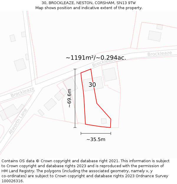 30, BROCKLEAZE, NESTON, CORSHAM, SN13 9TW: Plot and title map