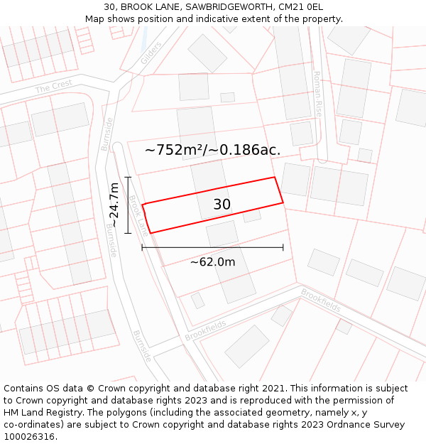 30, BROOK LANE, SAWBRIDGEWORTH, CM21 0EL: Plot and title map