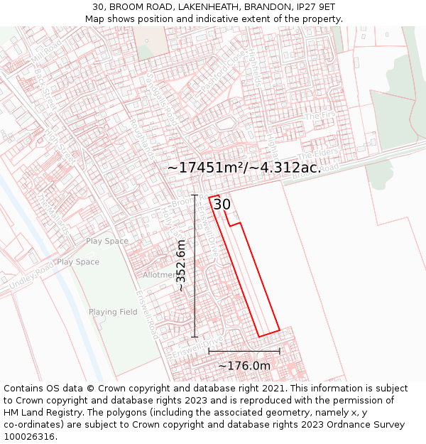 30, BROOM ROAD, LAKENHEATH, BRANDON, IP27 9ET: Plot and title map