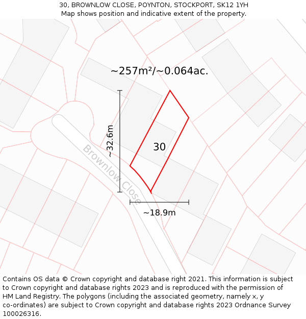 30, BROWNLOW CLOSE, POYNTON, STOCKPORT, SK12 1YH: Plot and title map